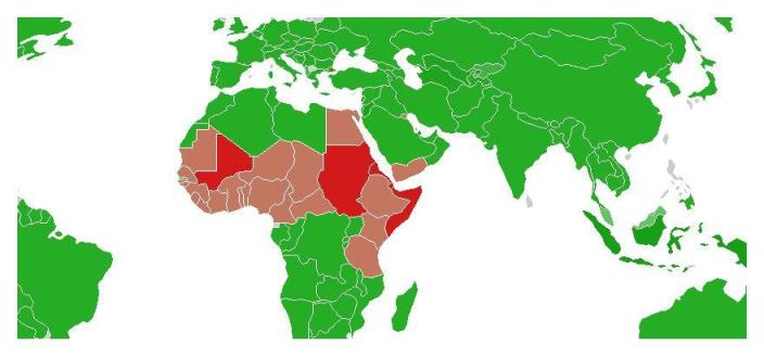 Os países marcados em vermelho são os principais locais onde ainda se é feita a mutilação feminina. (Imagem: Wikipédia)